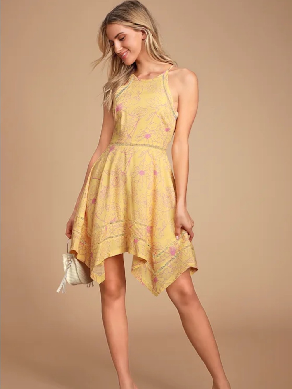 Lulu's Bahama Mama Yellow Floral Handkerchief-Hem Midi Dress Sz S Ladder stitch